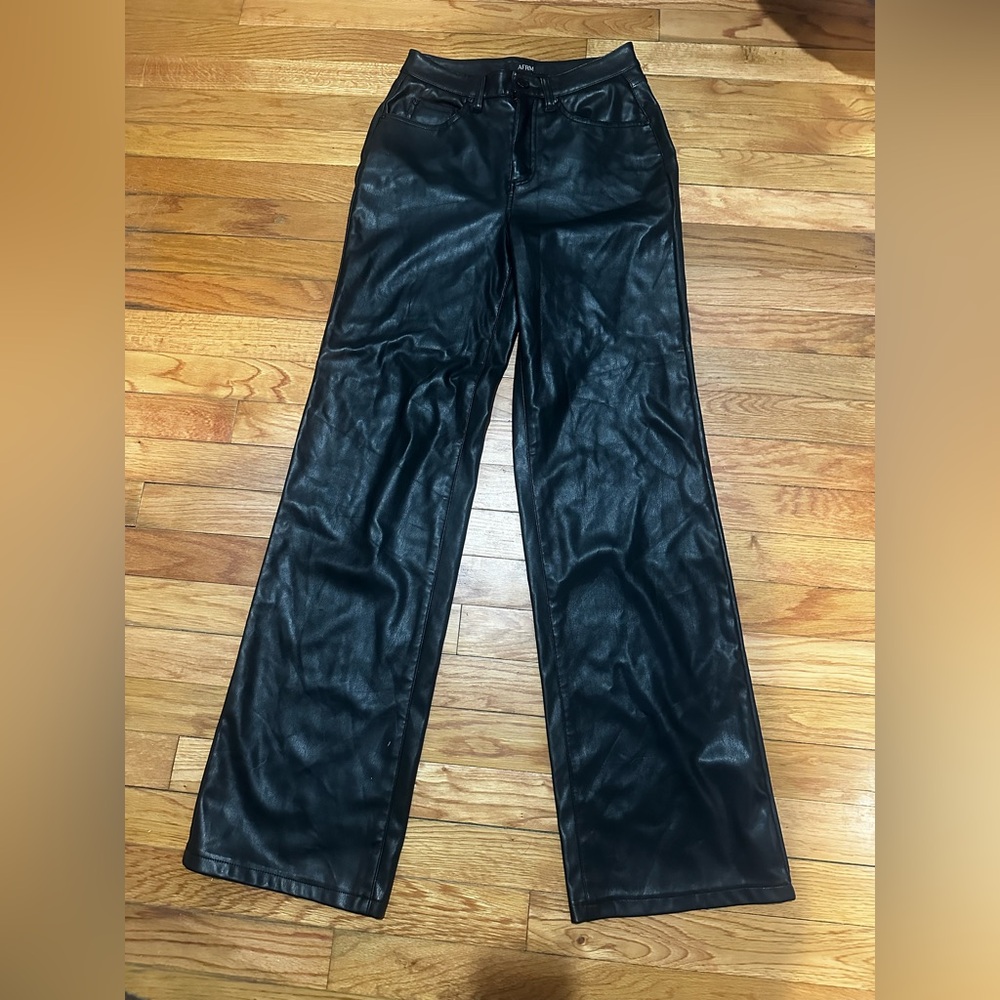 AFRM Women’s Black Faux Leather Fleece Lined Straight Leg Pants Dawson 24
